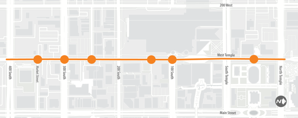 Map of West Temple reconstruction project from 400 South to North Temple