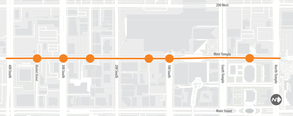 Map of West Temple reconstruction project from 400 South to North Temple