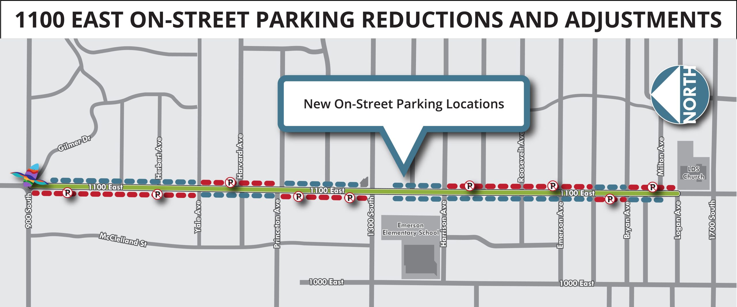 A map of the on-street parking updates to 1100 East.