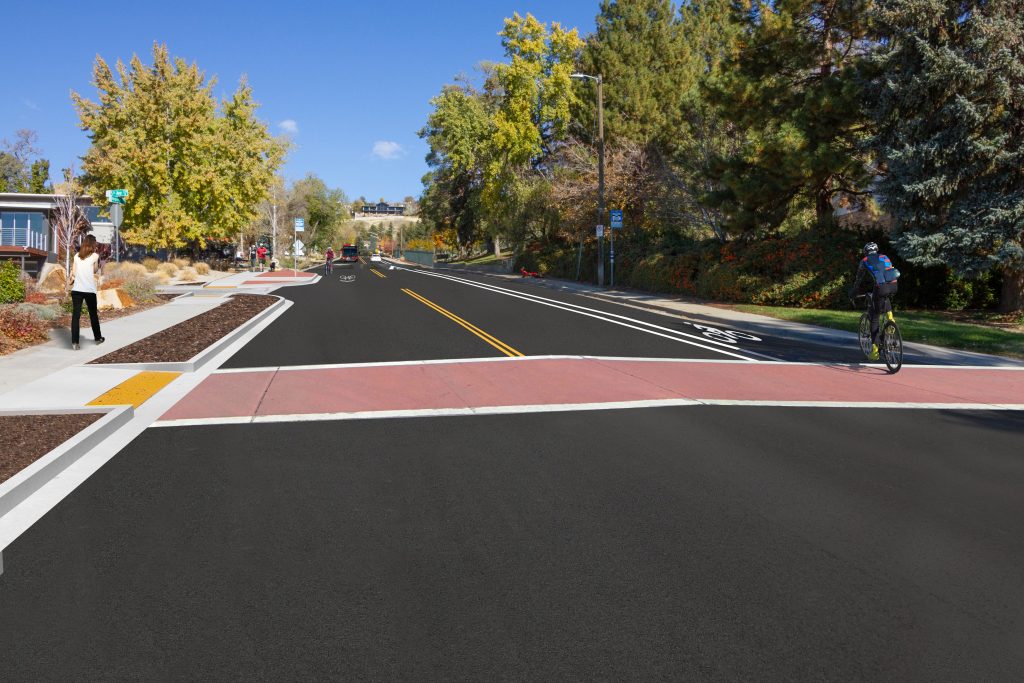 Digital render of the proposed Virginia Street roadway design looking north at Federal Heights Drive. 