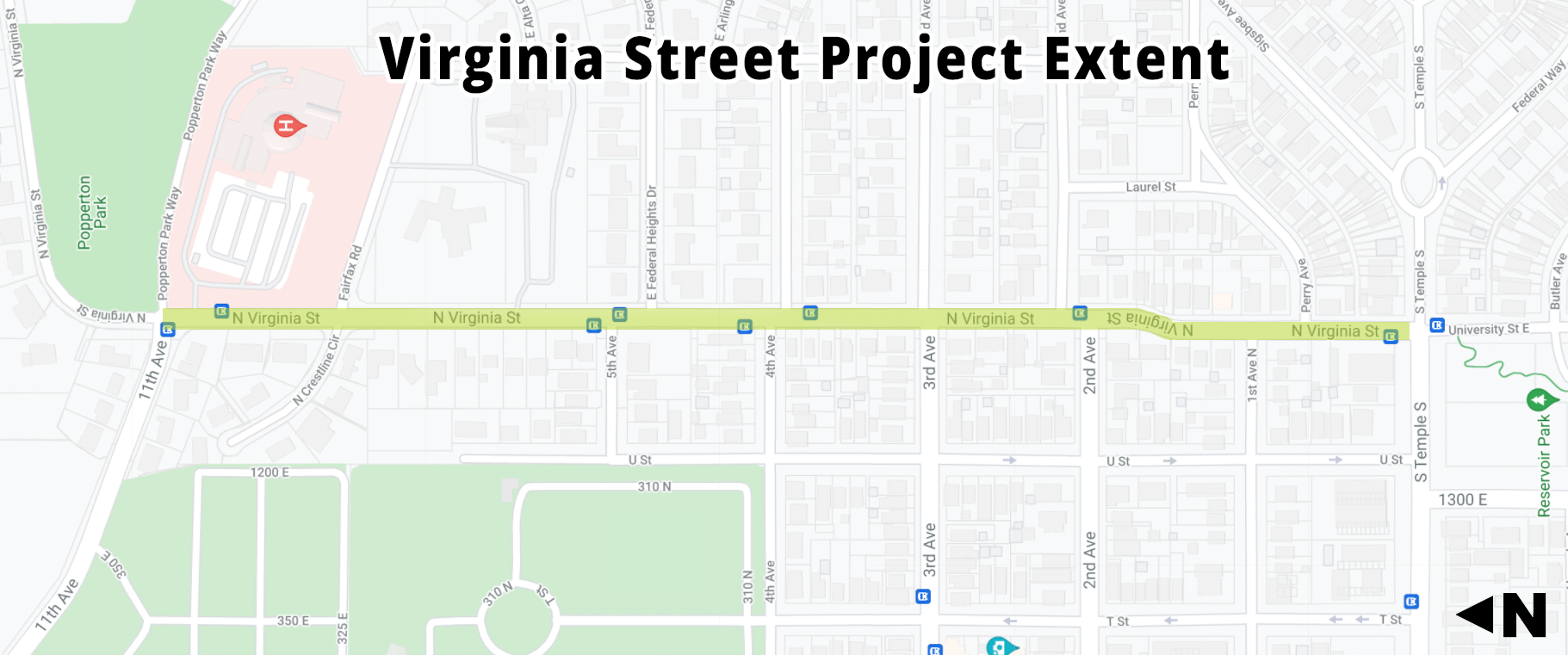 Map of the Virginia Street Project Extent, which runs the length of Virginia Street from 11th Avenue to South Temple.