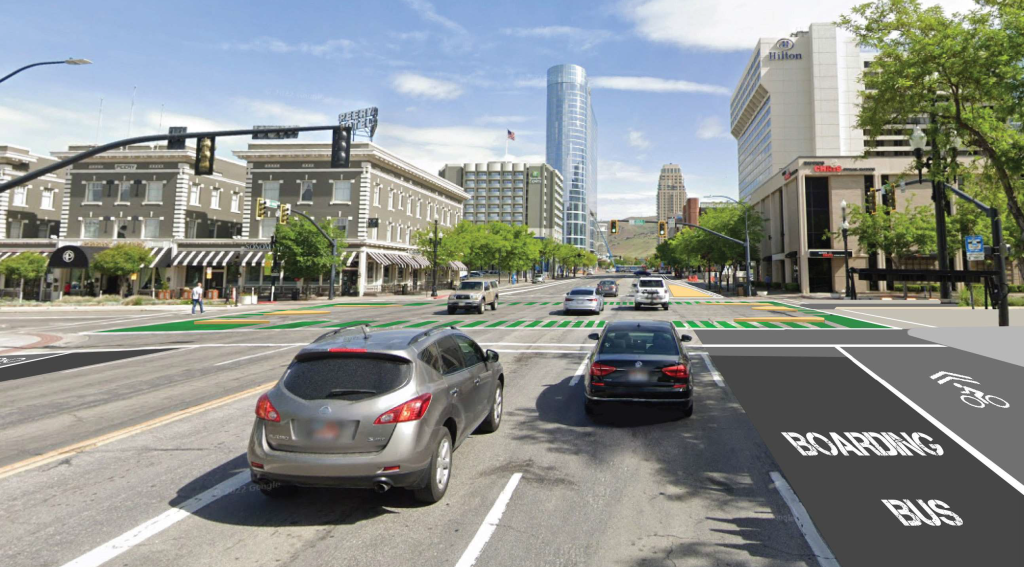 Render of the proposed roadway improvements at the intersection of West Temple and 300 South looking north. 