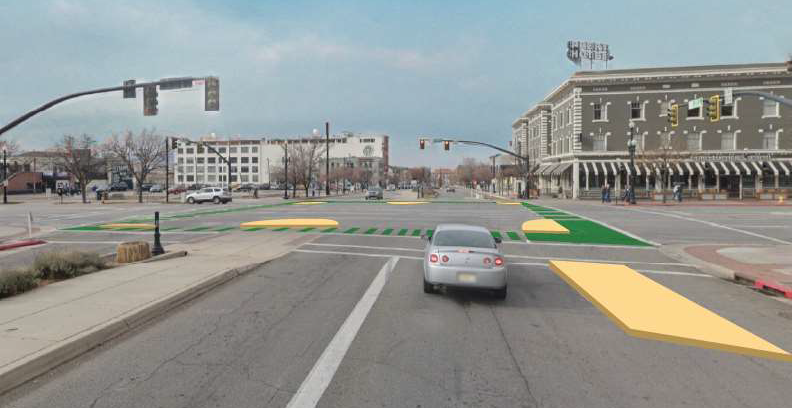 Render of the proposed roadway improvements at the intersection of West Temple and 300 South looking west. 