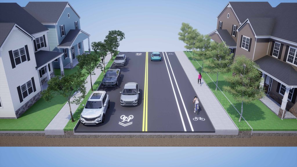 Digital render of the proposed design of Virginia Street at Federal Heights Drive. The design shows on-street parking on the west side of the road, sidewalks on each side of the street, and an uphill bike lane.