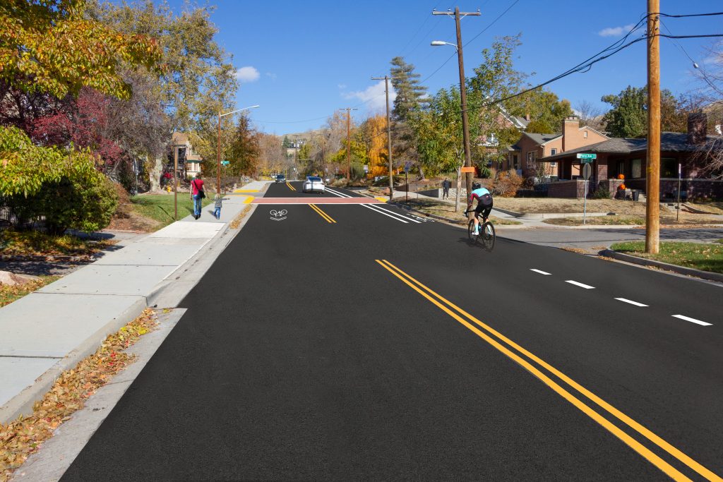 Digital render of the proposed Virginia Street roadway design looking north at Perry Avenue.