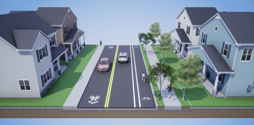 Digital render of the proposed cross section of Virginia Street at Perry Avenue. The proposed design has crosswalks on both sides of the street and an uphill bike lane.