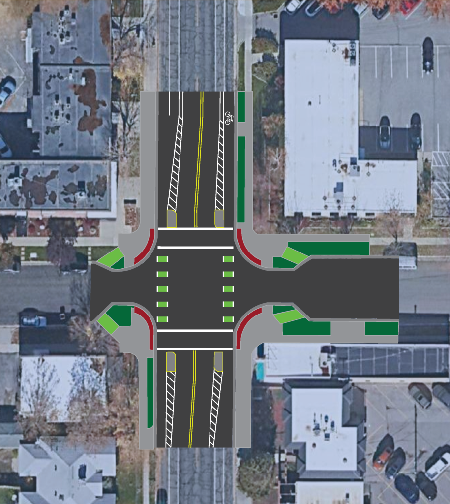 An aerial map depicting the street design changes along 1100 East at the Kensington intersection.