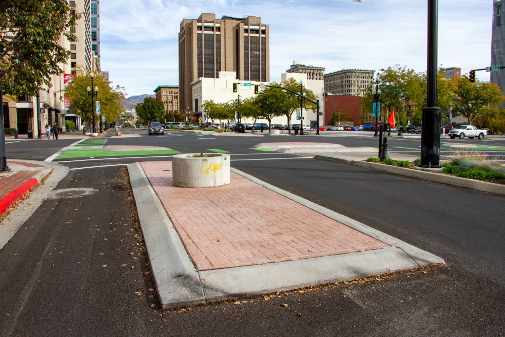 A picture of the 300 South and West Temple intersection, complete with raised concrete medians.