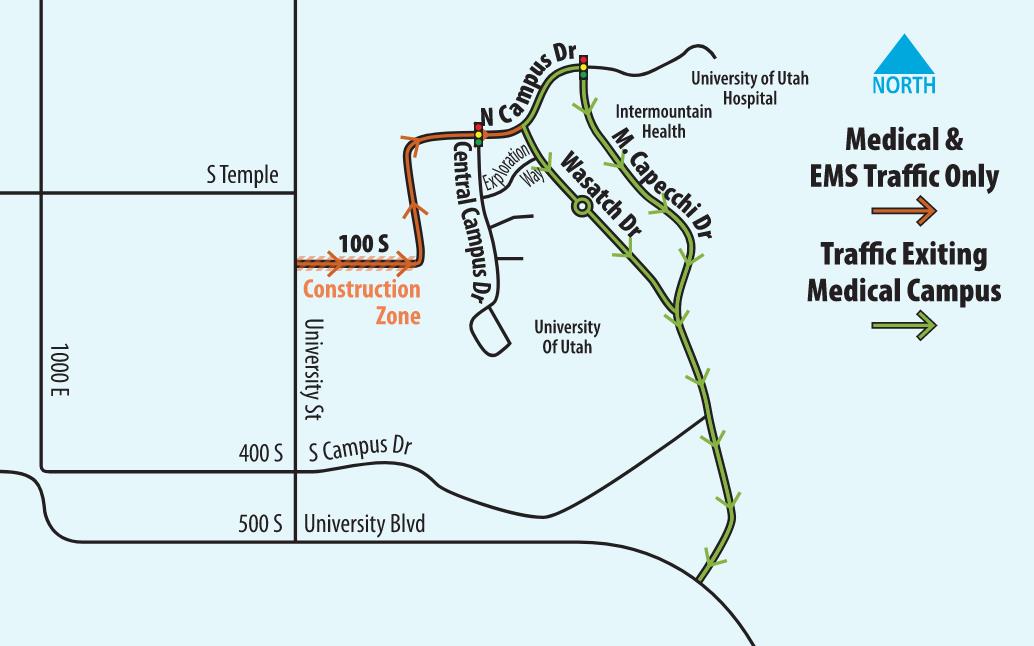 Map showing traffic routes around the University of Utah, including a construction zone on 100 S and designated paths for medical traffic and EMS around the university's medical campus. Map shows 100 South limited to two eastbound (uphill) traffic lanes only. No westbound access is expected during construction.