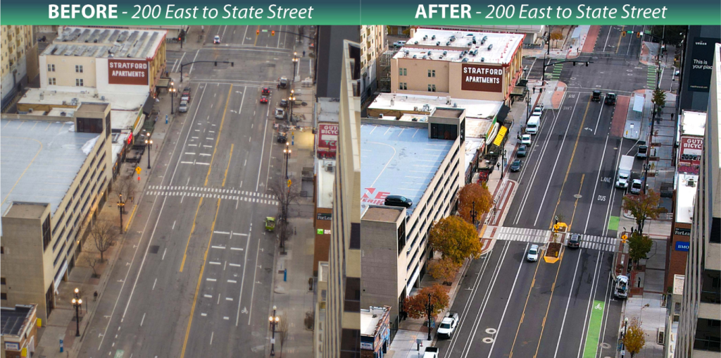 Before and After view of 200 South. Left side aerial view of the intersection at 200 East State Street showing roads, parked cars, and surrounding buildings including the Stratford Apartments. Banner showing "BEFORE- 200 East to State Street" at the top of picture. Right Side aerial view of an urban intersection at 200 East to State Street showing traffic lanes, parked cars, and buildings, including Stratford Apartments. Clear road markings and traffic signals are visible. Banner showing "AFTER- 200 East to State Street" at the top of picture.