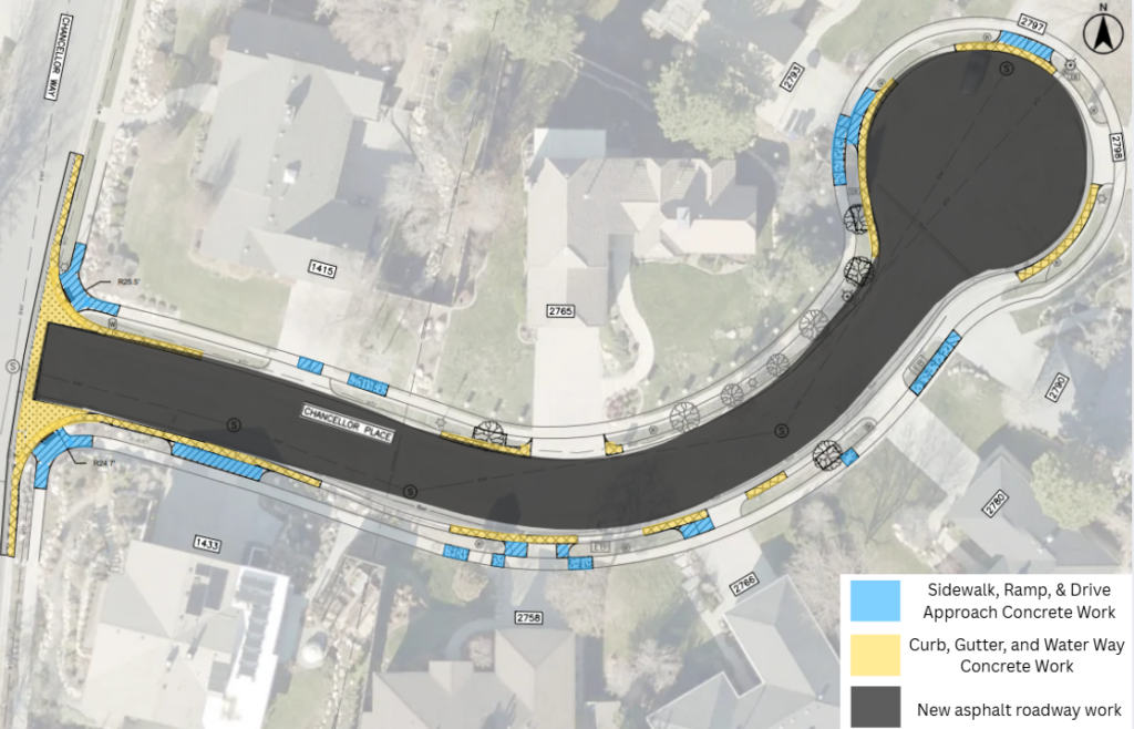 Map of the Chancellor Place reconstruction project in Salt Lake City. The project includes new asphalt pavement through the street. Concrete work will be done near 1415 Chancellor Way, 1433 Chancellor Way, 2758 Chancellor Place, 2765 Chancellor Place, 2766 Chancellor Place, 2780 Chancellor Place, 2790 Chancellor Place, 2793 Chancellor Place, 2797 Chancellor Place, and 2798 Chancellor Place.