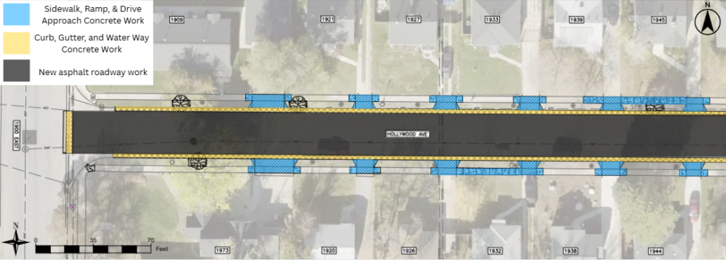Map of the Hollywood Avenue reconstruction project in Salt Lake City. The project includes new asphalt pavement through the street. Concrete work will be done near 1973 1900 East, 1909 Hollywood Avenue, 1920 Hollywood Avenue, 1921 Hollywood Avenue, 1926 Hollywood Avenue, 1927 Hollywood Avenue, 1932 Hollywood Avenue, 1933 Hollywood Avenue, 1938 Hollywood Avenue, 1939 Hollywood Avenue, 1944 Hollywood Avenue, and 1945 Hollywood Avenue.