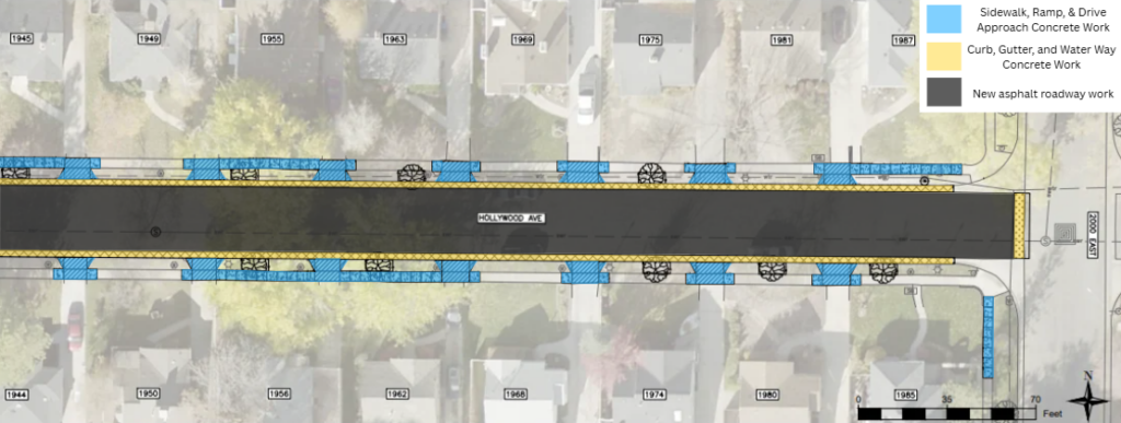 Map of the Hollywood Avenue reconstruction project in Salt Lake City. The project includes new asphalt pavement through the street. Concrete work will be done near 1944 Hollywood Avenue, 1945 Hollywood Avenue, 1949 Hollywood Avenue, 1950 Hollywood Avenue, 1955 Hollywood Avenue, 1956 Hollywood Avenue, 1962 Hollywood Avenue, 19683 Hollywood Avenue, 1968 Hollywood Avenue, 1969 Hollywood Avenue, 1974 Hollywood Avenue, 1975 Hollywood Avenue, 1980 Hollywood Avenue, 1981 Hollywood Avenue, 1985 Hollywood Avenue, and 1987 Hollywood Avenue.