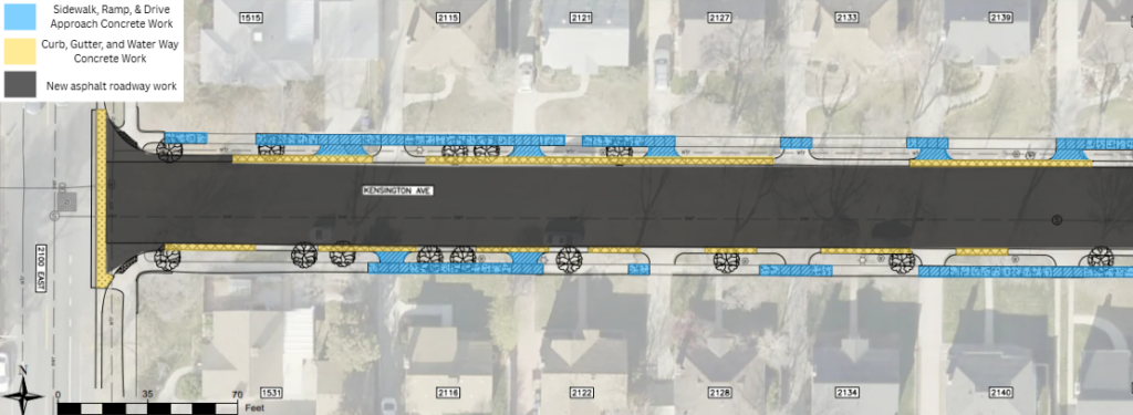Map of the Kensington Avenue reconstruction project in Salt Lake City. The project includes new asphalt pavement through the street. Concrete work will be done near 1515 2100 East, 1531 2100 East, 2115 Kensington Avenue, 2116 Kensington Avenue, 2121 Kensington Avenue, 2122 Kensington Avenue, 2127 Kensington Avenue, 2128 Kensington Avenue, 2133 Kensington Avenue, 2134 Kensington Avenue, 2139 Kensington Avenue, and 2140 Kensington Avenue.