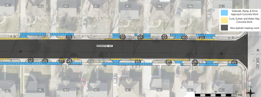 Map of the Kensington Avenue reconstruction project in Salt Lake City. The project includes new asphalt pavement through the street. Concrete work will be done near 2139 Kensington Avenue, 2140 Kensington Avenue, 2147 Kensington Avenue, 2148 Kensington Avenue, 2153 Kensington Avenue, 2154 Kensington Avenue, 2159 Kensington Avenue, 2160 Kensington Avenue, 2165 Kensington Avenue, 2166 Kensington Avenue, 2171 Kensington Avenue, 2172 Kensington Avenue, 2177 Kensington Avenue, 2178 Kensington Avenue, 2185 Kensington Avenue, 2186 Kensington Avenue.