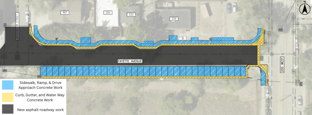 Map of the Fayette Avenue reconstruction project in Salt Lake City. The project includes new asphalt pavement through the street. Concrete work will be done near 967 Washington Street, 224 Fayette Avenue, 222 Fayette Avenue, 216 Fayette Avenue, and the parking area on the south side of Fayette Avenue.