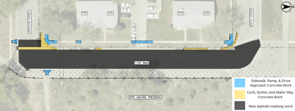 Map of the 1100 West reconstruction project in Salt Lake City. The project includes new asphalt pavement through the street. Concrete work will be done near 948 1100 West, 950 1100 West, 956 1100 West, and 958 1100 West.