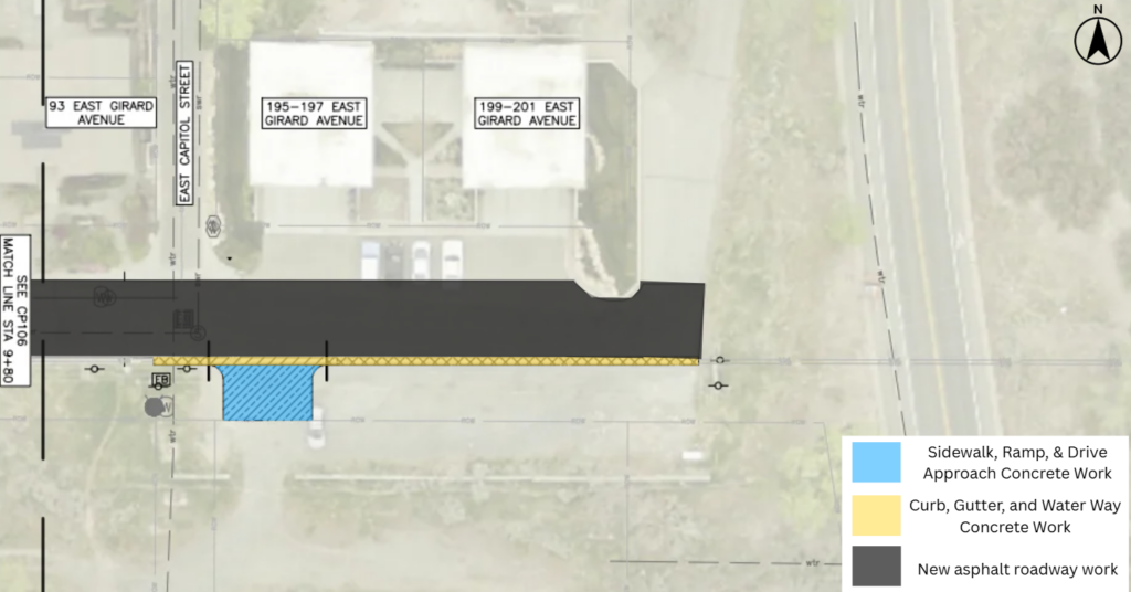 Map of the Girard Avenue reconstruction project in Salt Lake City. The project includes new asphalt pavement through the street. Concrete work will be done near 195-197 Girard Avenue, and 199-201 Girard Avenue.