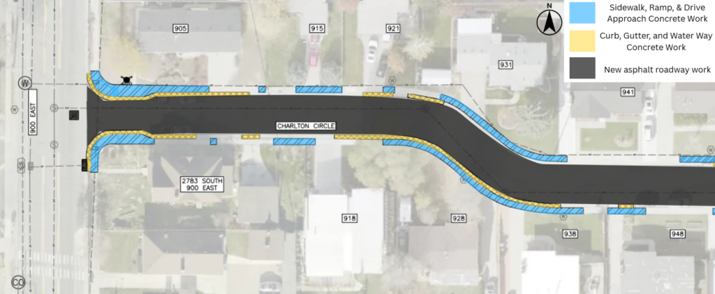 Map of the Charlton Circle reconstruction project in Salt Lake City. The project includes new asphalt pavement through the street. Concrete work will be done near 2783 900 East, 905 Charlton Circle, 915 Charlton Circle, 918 Charlton Circle, 921 Charlton Circle, 928 Charlton Circle, 931 Charlton Circle, 938 Charlton Circle, 941 Charlton Circle, and 948 Charlton Circle.