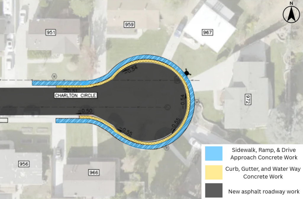 Map of the Charlton Circle reconstruction project in Salt Lake City. The project includes new asphalt pavement through the street. Concrete work will be done near 951 Charlton Circle, 956 Charlton Circle, 959 Charlton Circle, 966 Charlton Circle, 967 Charlton Circle, and 972 Charlton Circle.