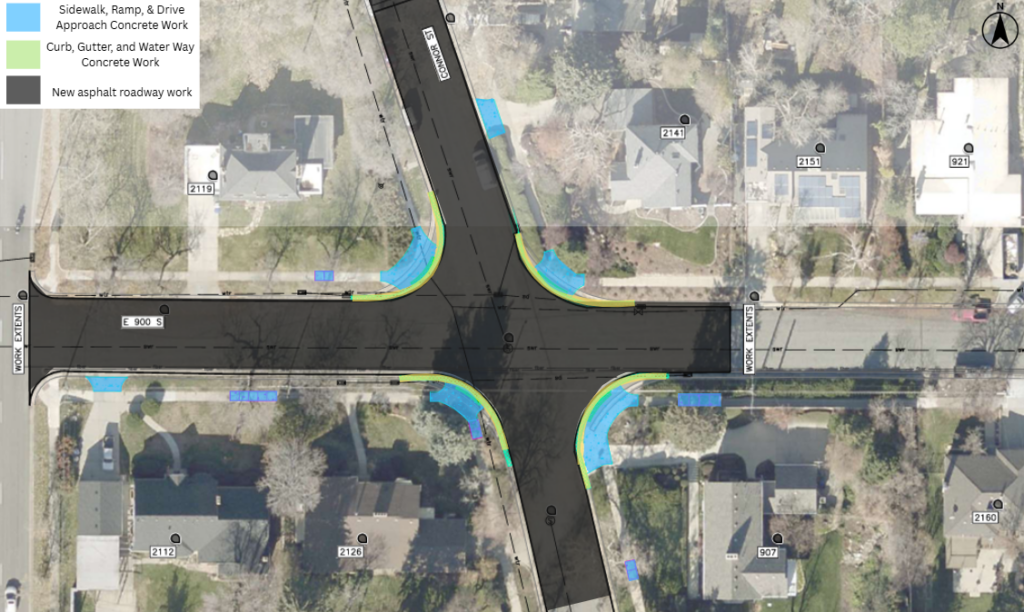 Map of the E Hubbard Avenue and Connor Street pavement overlays project in Salt Lake City. The project includes new asphalt pavement throughout the intersection and portions of both streets. Concrete work will be done near 2123 East Hubbard Avenue, 2121 East Hubbard Avenue, 2114 East Hubbard Avenue, 2136 East Hubbard Avenue, 924 Connor Street, 921 Connor Street, and 949 Connor Street, and 933 Connor Street.