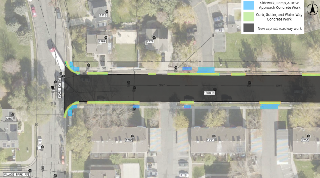 Map of the 1300 North pavement overlay project in Salt Lake City. The project includes new asphalt pavement through the street. Concrete work will be done near 1753 1300 North, 1771 1300 North, 1776 1300 North, 1788 1300 North, and 1791 1300 North.