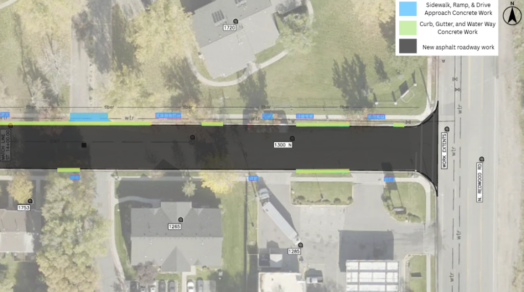 Map of the 1300 North pavement overlay project in Salt Lake City. The project includes new asphalt pavement through the street. Concrete work will be done near 1753 1300 North, 1720 1300 North, 1265 Redwood Road, 1285 Redwood Road.
