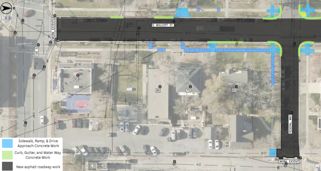 Map of the Wolcott Street pavement overlay project in Salt Lake City. The project includes new asphalt pavement through the street and the intersection at Federal Way. Concrete work will be done near 1443 100 South, 95 Wolcott Street, 85 Wolcott Street, 78 Wolcott Street, 75 Wolcott Street, 70 Wolcott Street, 65 Wolcott Street, 1471 Federal Way, and 1435 Federal Way.