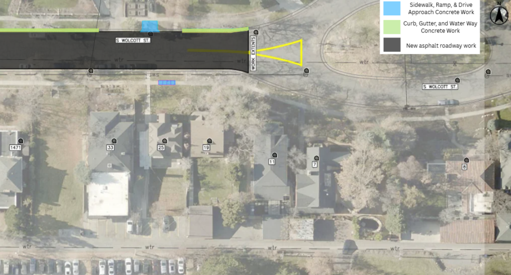Map of the Wolcott Street pavement overlay project in Salt Lake City. The project includes new asphalt pavement through the street. Concrete work will be done near 25 Wolcott Street and 26 Wolcott Street.