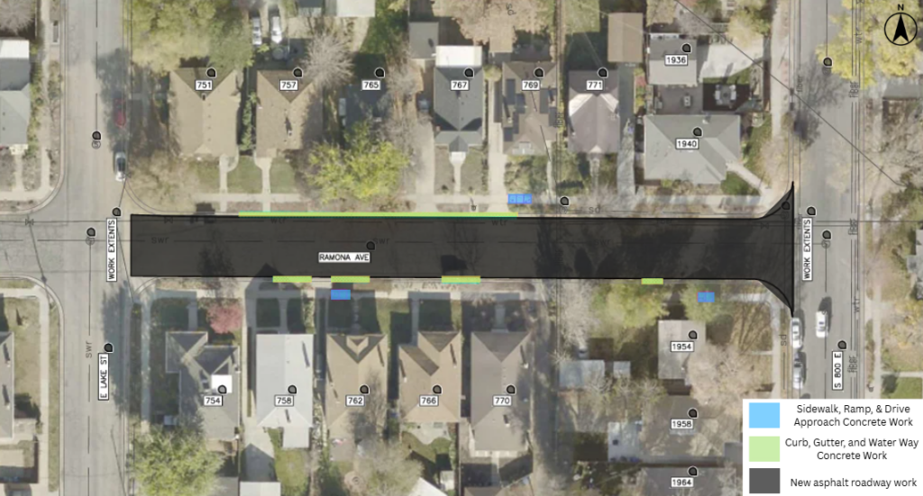 Map of the Ramona Avenue pavement overlay project in Salt Lake City. The project includes new asphalt pavement through the street. Concrete work will be done near 757 Ramona Avenue, 758 Ramona Avenue, 762 Ramona Avenue, 765 Ramona Avenue, 766 Ramona Avenue, 767 Ramona Avenue, 769 Ramona Avenue, and 1954 800 East.