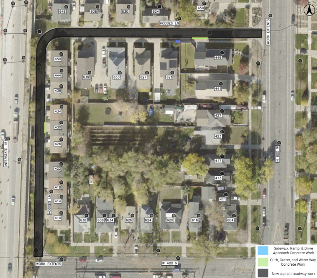 Map of the Hodges Lane pavement overlay project in Salt Lake City. The project includes new asphalt pavement through the street. Concrete work will be done near 449 600 West, 621 Hodges Lane, and 430 Hodges Lane.
