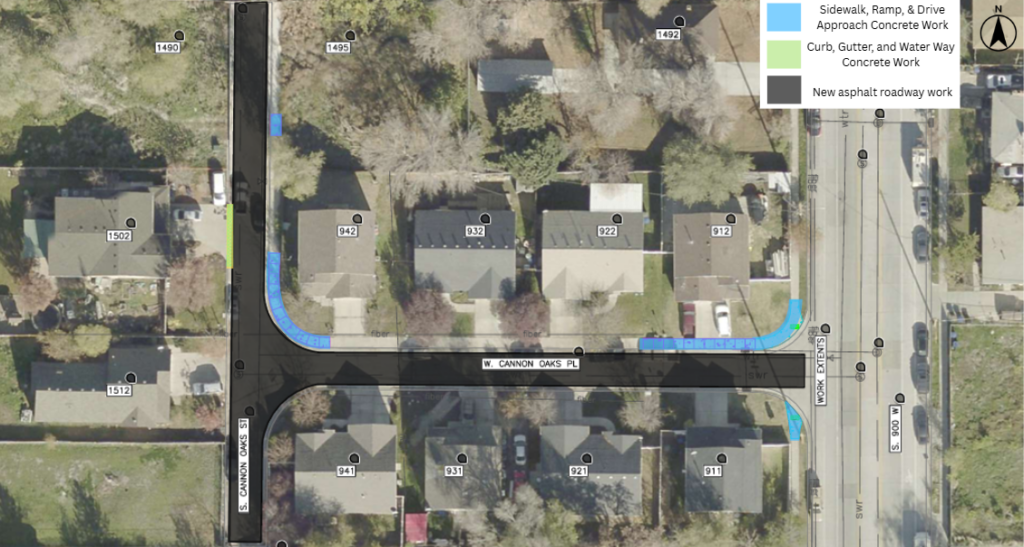 Map of the Cannon Oaks Street and Cannon Oaks Place overlays project in Salt Lake City. The project includes new asphalt pavement throughout the intersection and portions of both streets. Concrete work will be done near 1495 Cannon Oaks Street, 1502 Cannon Oaks Street, 1512 Cannon Oaks Street, 941 Cannon Oaks Place, 942 Cannon Oaks Place, 931 Cannon Oaks Place, 932 Cannon Oaks Place, 921 Cannon Oaks Place, 922 Cannon Oaks Place, 911 Cannon Oaks Place, 912 Cannon Oaks Place.