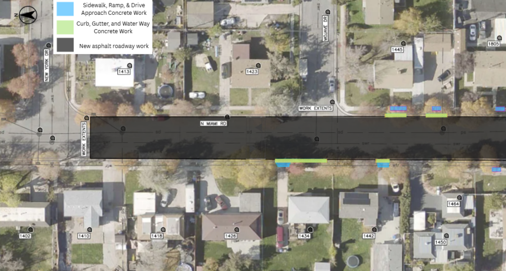Map of the Miami Road pavement overlay project in Salt Lake City. The project includes new asphalt pavement through the street. Concrete work will be done near 1434 Miami Road, 1442 Miami Road, 1445 Miami Road, 1464 Miami Road, and 1805 Independence Boulevard.