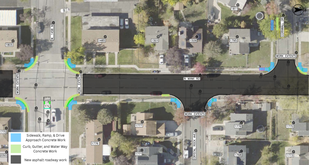 Map of the Miami Road pavement overlay project in Salt Lake City. The project includes new asphalt pavement through the street, excluding the intersection at Independence Boulevard. Concrete work will be done near 1775 Independence Boulevard, 1805 Independence Boulevard, 1776 Independence Boulevard, 1485 Miami Road, 1777 Crystal Rock Avenue, 1776 Crystal Rock Avenue, and 1795 Cornwall Drive.