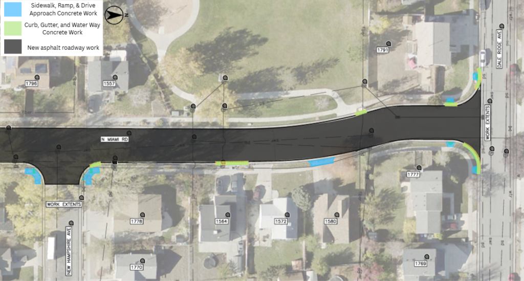 Map of the Miami Road pavement overlay project in Salt Lake City. The project includes new asphalt pavement through the street. Concrete work will be done near 1778 New Hamshire Drive, 1564 Miami Road, 1580 Miami Road, 1777 Dale Ridge Avenue, and 1791 Dale Ridge Avenue.