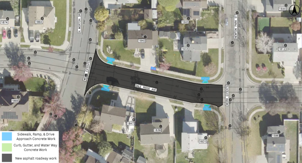 Map of the Dale Ridge Avenue pavement overlay project in Salt Lake City. The project includes new asphalt pavement through the street. Concrete work will be done near 1633 Newton Park Street, 1831 Dale Ridge Avenue, 1839 Dale Ridge Avenue, 1840 Dale Ridge Avenue, 1847 Dale Ridge Avenue.