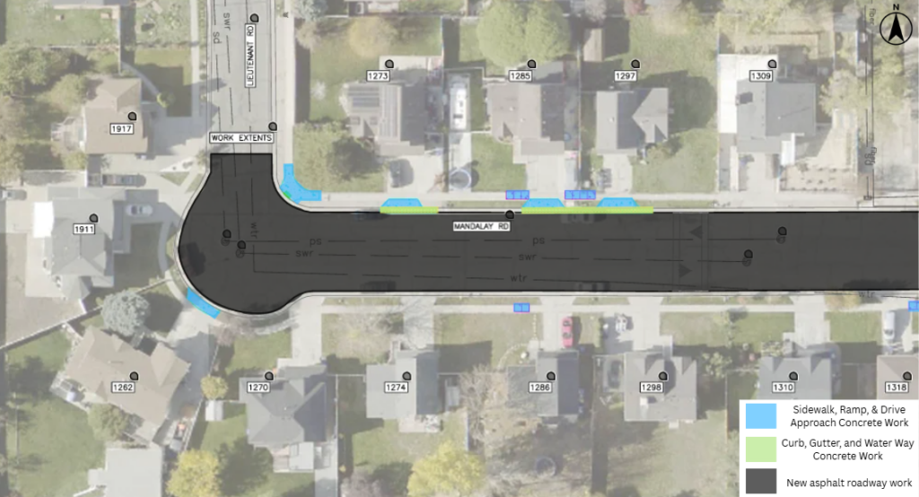 Map of the Mandalay Road pavement overlays project in Salt Lake City. The project includes new asphalt pavement throughout the intersection and portions of both streets. Concrete work will be done near 1262 Mandalay Road, 1273 Mandalay Road, 1285 Mandalay Road, 1286 Mandalay Road, 1297 Mandalay Road, and 1318 Mandalay Road.