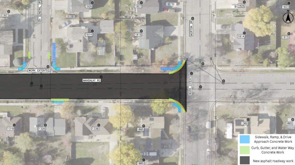 Map of the Mandalay Road pavement overlay project in Salt Lake City. The project includes new asphalt pavement through the street. Concrete work will be done near 1921 General Drive, 1914 General Drive, 1326 Mandalay Road, 1895 Morton Drive, and 1915 Morton Drive.