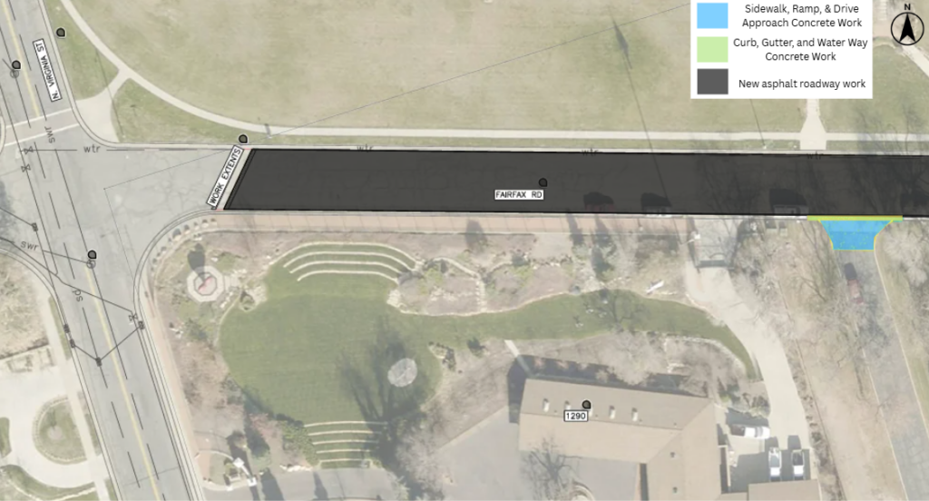 Map of the Fairfax Road pavement overlay project in Salt Lake City. The project includes new asphalt pavement through the street. Concrete work will be done near 1290 Fairfax Road.