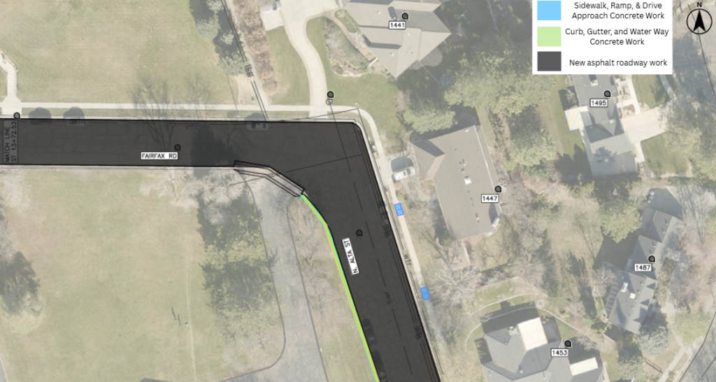 Map of the Fairfax Road and North Alta Street pavement overlay project in Salt Lake City. The project includes new asphalt pavement throughout the intersection and portions of both streets. Concrete work will be done near 1447 Alta Street and 1453 Alta Street.