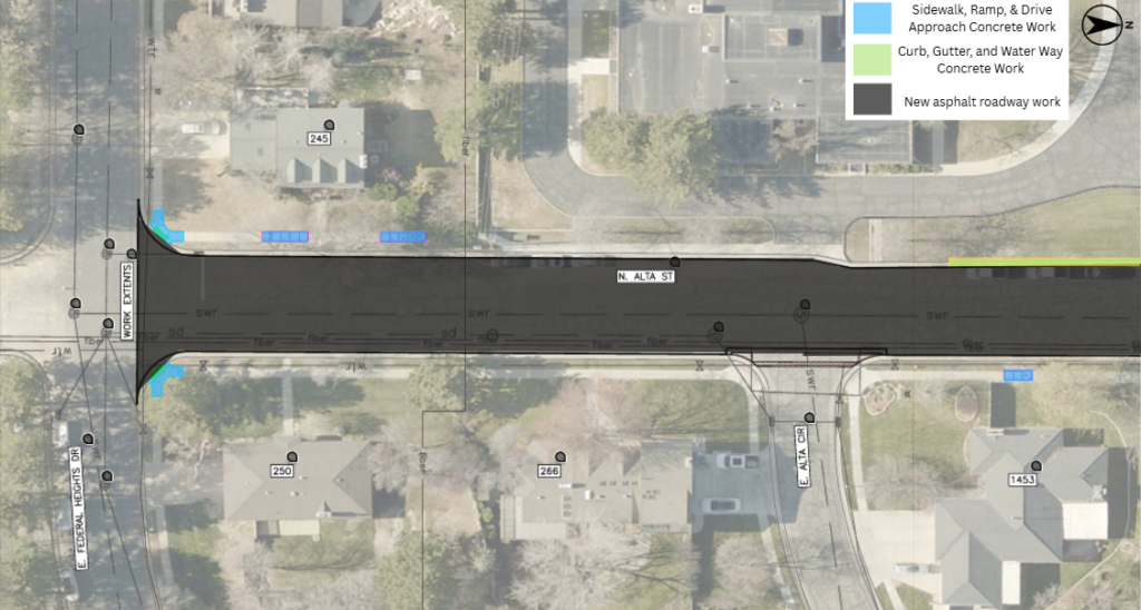Map of the North Alta Street pavement overlay project in Salt Lake City. The project includes new asphalt pavement through the street. Concrete work will be done near 245 Alta Street, 250 Alta Street, and 1453 Alta Circle.