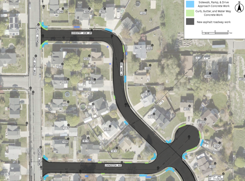Map of the Coventry View Drive, Livingston Avenue, & Omni Drive Overlay project in Salt Lake City. The project includes new asphalt pavement through the streets and intersections. Concrete work will be done near 1048 Star Crest Drive, 1040 Star Crest Drive, 1828 Coventry View Drive, 1822 Coventry View Drive, 1044 Omni Drive, 1035 Omni Drive, 1032 Omni Drive, 1026 Omni Drive, 1021 Omni Drive, 1015 Omni Drive, 1010 Omni Drive, 1008 Omni Circle, 1006 Omni Circle, 1004 Omni Circle, 1002 Omni Drive, 1008 Star Crest Drive, 1826 Livingston Avenue, 1814 Livingston Avenue.