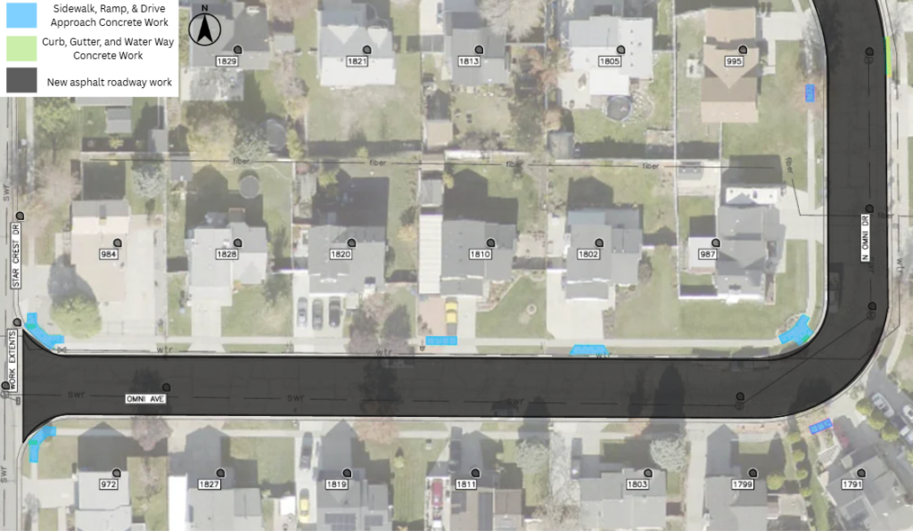 Map of the Omni Drive and Omni Avenue overlay project in Salt Lake City. The project includes new asphalt pavement through the streets and intersections. Concrete work will be done near 995 Omni Drive, 987 Omni Drive, 1791 Omni Avenue, 1802 Omni Avenue, 1810 Omni Avenue, 984 Star Crest Drive, and 972 Star Crest Drive.