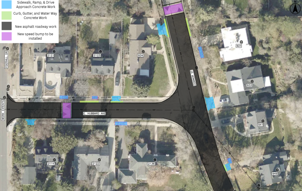 Map of the E Hubbard Avenue and Connor Street pavement overlays project in Salt Lake City. The project includes new asphalt pavement throughout the intersection and portions of both streets. Concrete work will be done near 2123 East Hubbard Avenue, 2121 East Hubbard Avenue, 2114 East Hubbard Avenue, 2136 East Hubbard Avenue, 924 Connor Street, 921 Connor Street, and 949 Connor Street, and 933 Connor Street.