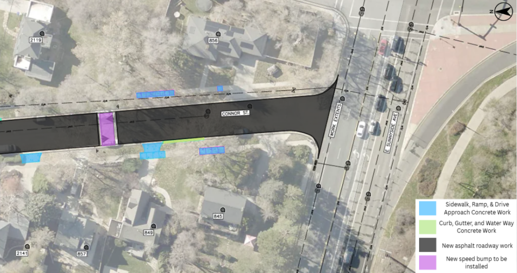 Map of the Connor Street pavement overlay project in Salt Lake City. The project includes new asphalt pavement through the street. Concrete work will be done near 2141 900 South, 849 Connor Street, 845 Connor Street. and 856 Connor Street.