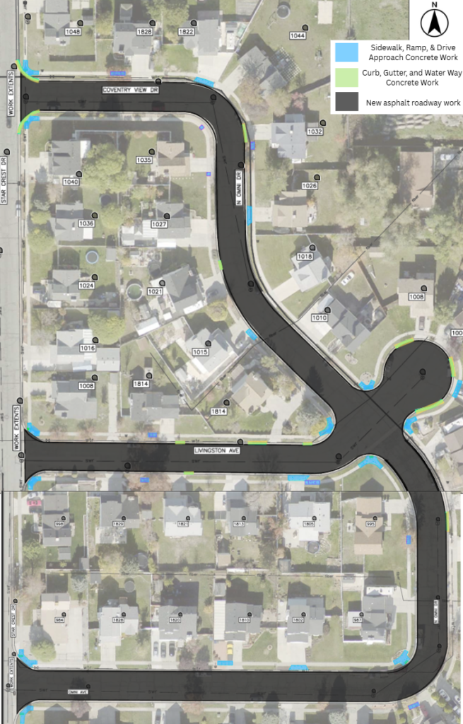 Map of the Coventry View Drive, Livingston Avenue, & Omni Drive Overlay project in Salt Lake City. The project includes new asphalt pavement through the streets and intersections. Concrete work will be done near 1048 Star Crest Drive, 1040 Star Crest Drive, 1828 Coventry View Drive, 1822 Coventry View Drive, 1044 Omni Drive, 1035 Omni Drive, 1032 Omni Drive, 1026 Omni Drive, 1021 Omni Drive, 1015 Omni Drive, 1010 Omni Drive, 1008 Omni Circle, 1006 Omni Circle, 1004 Omni Circle, 1002 Omni Drive, 1008 Star Crest Drive, 1826 Livingston Avenue, 1814 Livingston Avenue. Concrete work will also be done near 995 Omni Drive, 987 Omni Drive, 1791 Omni Avenue, 1802 Omni Avenue, 1810 Omni Avenue, 984 Star Crest Drive, and 972 Star Crest Drive. Concrete work will also be done near 995 Omni Drive, 987 Omni Drive, 1791 Omni Avenue, 1802 Omni Avenue, 1810 Omni Avenue, 984 Star Crest Drive, and 972 Star Crest Drive.