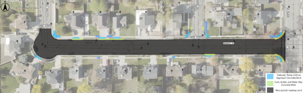 Map of the Mandalay Road pavement overlays project in Salt Lake City. The project includes new asphalt pavement throughout the intersection and portions of both streets. Concrete work will be done near 1262 Mandalay Road, 1273 Mandalay Road, 1285 Mandalay Road, 1286 Mandalay Road, 1297 Mandalay Road, and 1318 Mandalay Road. Concrete work will also be done near 1921 General Drive, 1914 General Drive, 1326 Mandalay Road, 1895 Morton Drive, and 1915 Morton Drive.
