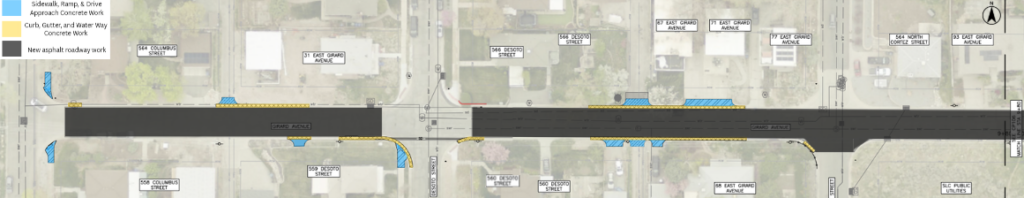 Map of the Girard Avenue reconstruction project in Salt Lake City. The project includes new asphalt pavement through the street. Concrete work will be done near 558 Columbus Street, 564 Columbus Street, 31 East Girard Avenue, 559 Desoto Street, and 560 Desoto Street. Concrete work will also be done near 560 Desoto Street, 566 Desoto Street, 67 Girard Avenue, 68 Girard Avenue, 71 Girard Avenue, 77 Girard Avenue, 93 Girard Avenue, and 564 Cortez Street.Map of the Girard Avenue reconstruction project in Salt Lake City. The project includes new asphalt pavement through the street. Concrete work will be done near 560 Desoto Street, 566 Desoto Street, 67 Girard Avenue, 68 Girard Avenue, 71 Girard Avenue, 77 Girard Avenue, 93 Girard Avenue, and 564 Cortez Street.