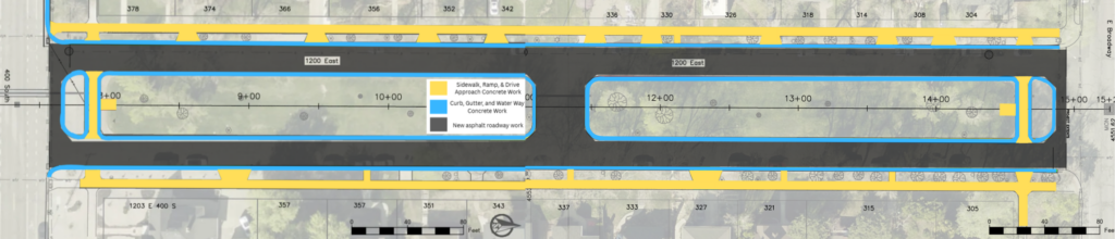 Map of the1200 East Reconstruction in Salt Lake City. The project includes new asphalt pavement from 400 South to East Broadway Street. Concrete work will be done near of the adjoining sidewalks, curb, gutter, and drive approaches of this section of the street.