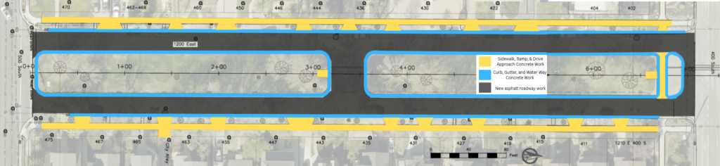 Map of the1200 East Reconstruction in Salt Lake City. The project includes new asphalt pavement from 500 South to 400 South. Concrete work will be done near of the adjoining sidewalks, curb, gutter, and drive approaches of this section of the street.